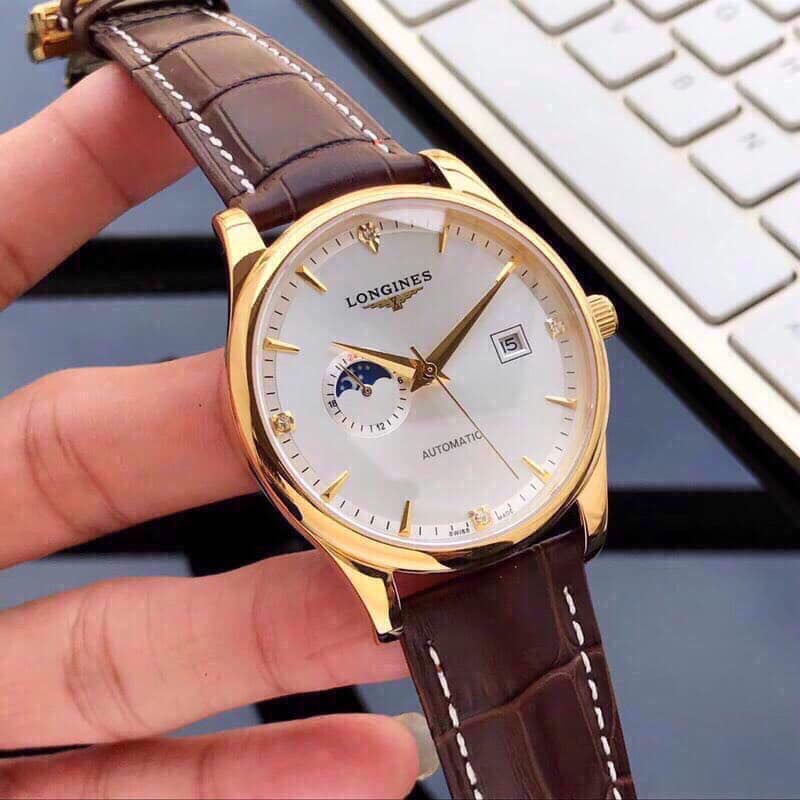 Đồng hồ Nam L-ongines cơ automatic trăng sao cao cấp máy Myota dây da mặt trắng vỏ vàng số đá sang trọng lịch lãm 41mm