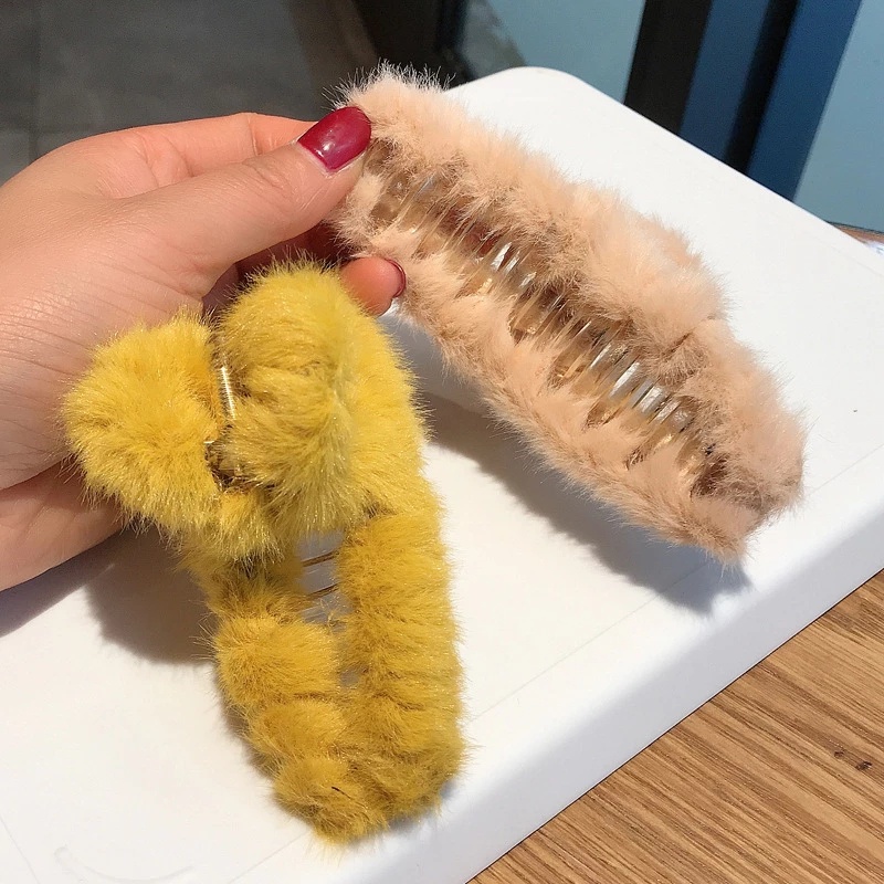 Kẹp tóc hình cá mập bằng nhựa phủ lông màu trơn đơn giản retro mùa thu đông