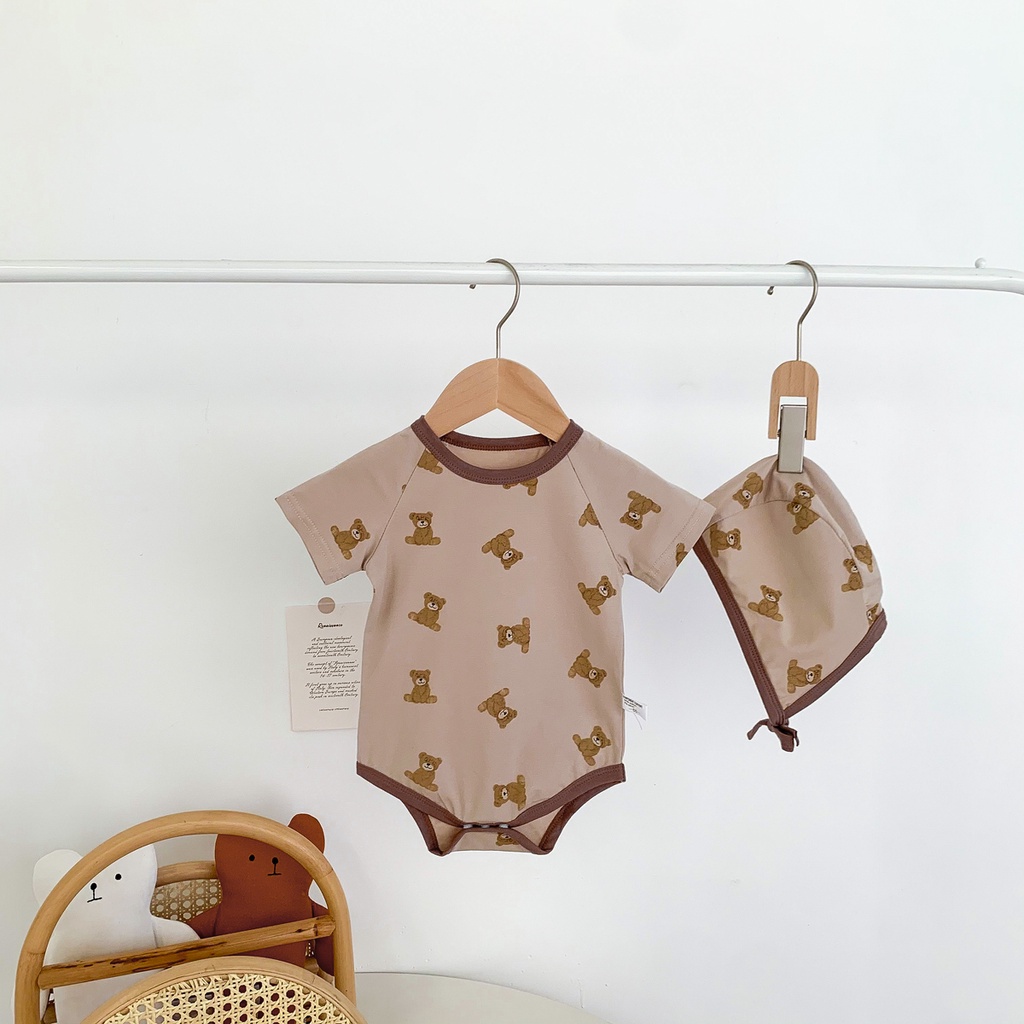 Bộ Áo Liền Quần Tay Ngắn Chất Liệu Cotton In Hình Gấu Kèm 1 Nón Cho Bé Sơ Sinh 0-2 Tuổi