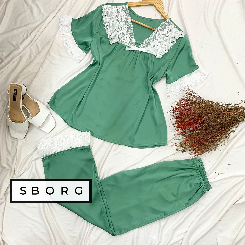 Đồ bộ mặc nhà SBORG bộ pijama lụa latin cao cấp cổ tim viền ren dễ thương phối quần dài có túi freesize 65kg quà tặng vợ