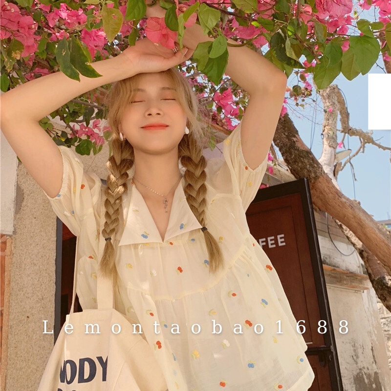 Áo chiffon tay ngắn cổ bẻ chữ V họa tiết dễ thương mùa hè