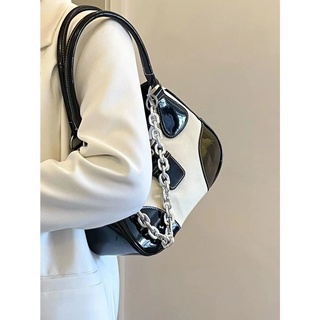 Beg túi xách canvas da bóng phối dây xích kim loại nylon vintage ngọt ngào và cá tính cho nữ s