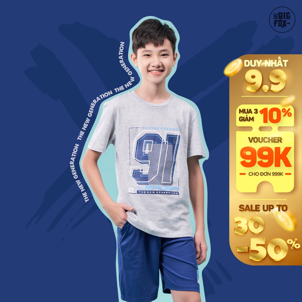 Bộ Quần Áo Bé Trai Tuổi Teen 12-15 Tuổi Size Đại Cồ Bigfox, Dáng Cộc Tay Chất Cotton In Hình LEADER 91 40-57 Kg