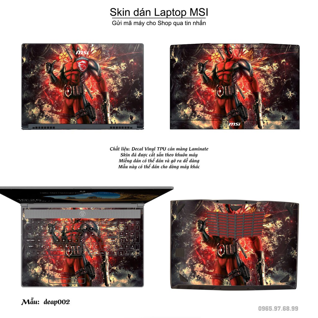 Skin dán Laptop MSI in hình Deadpool (inbox mã máy cho Shop)