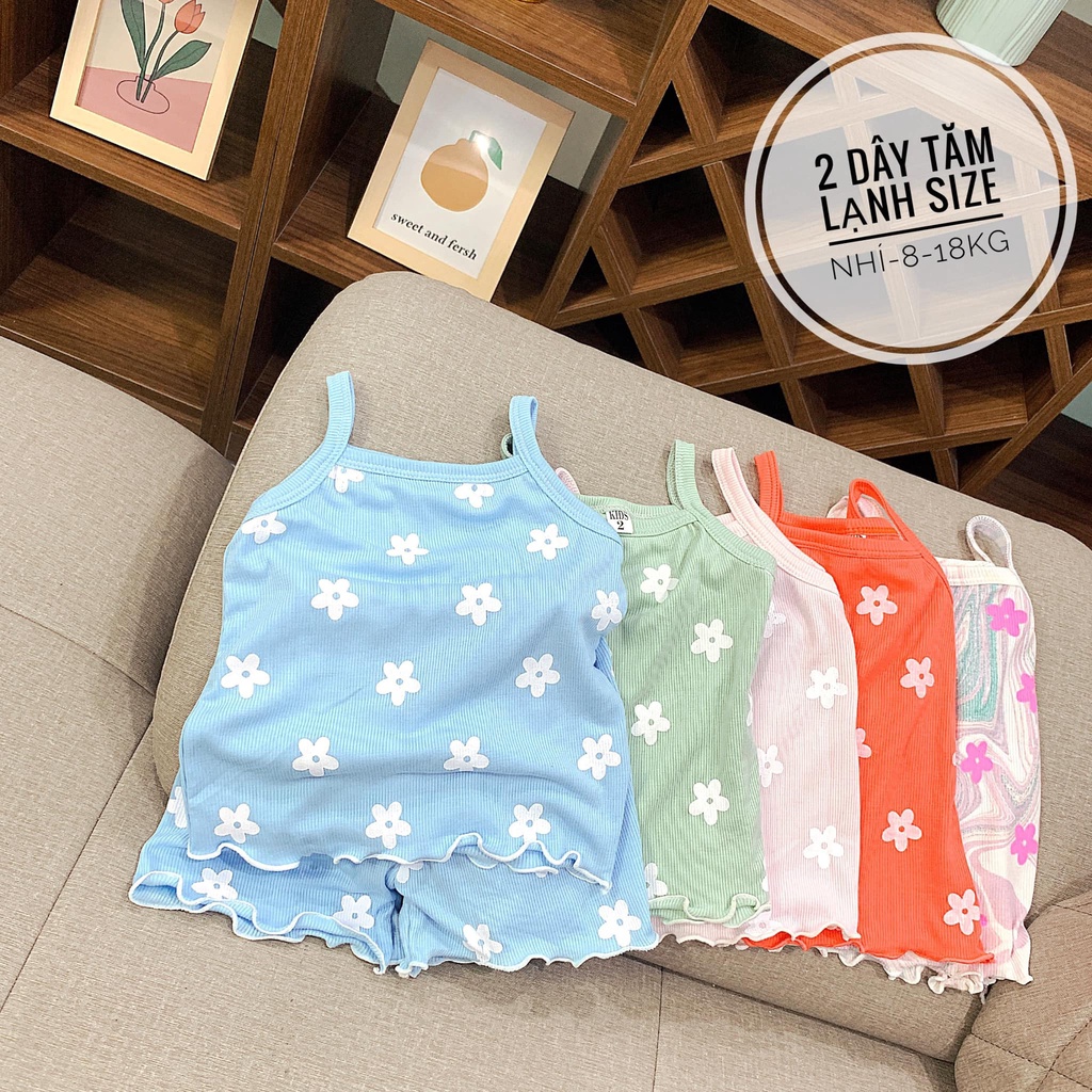 (FREESHIP) -Đồ bộ 2 dây tăm lạnh Hoa nhí siêu xinh mặc nhà mát mẻ cho bé gái 8-18kg
