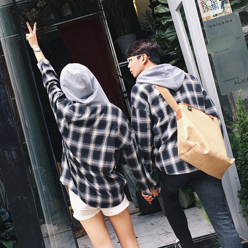 Áo Sơ Mi Kẻ Dáng Hiphop Thể Thao Dài Tay Basic Kết Hợp Mũ Phía Sau
