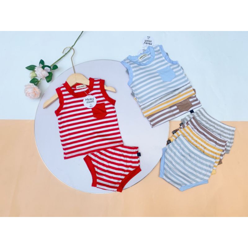 Bộ ba lỗ chip thun lạnh sọc dệt Minky Mom cho bé từ 5-17kg