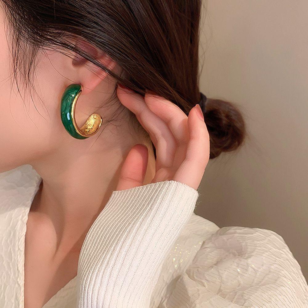 Bông Tai VANES1 Hình Chữ C Màu Sắc Bóng Bẩy Phong Cách Retro Dành Cho Nữ