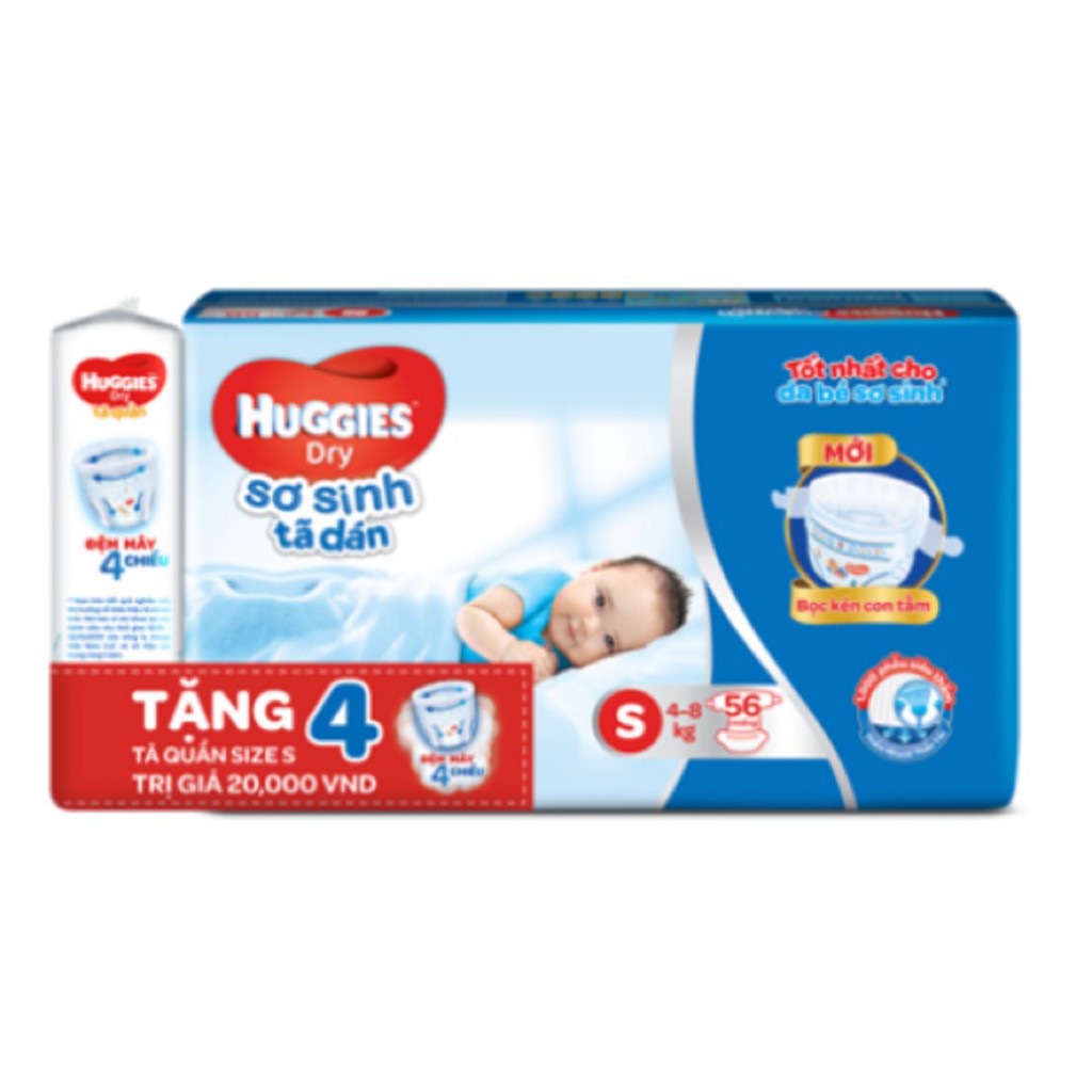 Bỉm Huggies dán S56 miếng S dành cho trẻ (4-8kg) tặng 4 miếng tã quần
