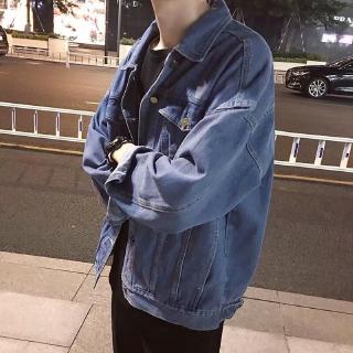 Korean-Style Men's Oversize Loose Fit Denim Jacket In Retro Wash Light Blue Black