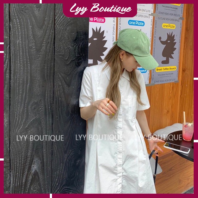 Váy Sơ Mi Xếp Ly Dáng Xòe Chữ A Tay Cộc Có Túi Ngực Chất Thô Trơn Quảng Châu Lyy Boutique | BigBuy360 - bigbuy360.vn
