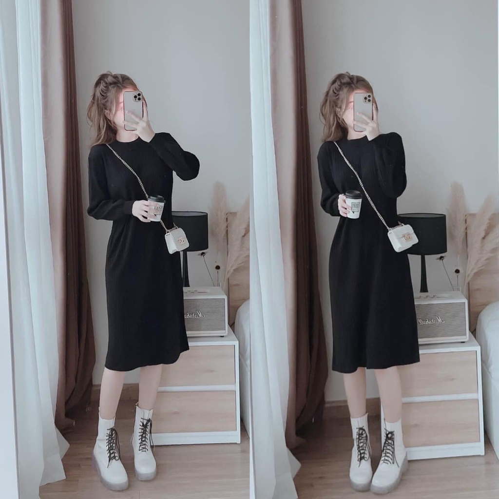 Váy dáng suông THUN GÂN tay dài 3 màu 🖤 KÈM VIDEO TỰ QUAY 🖤