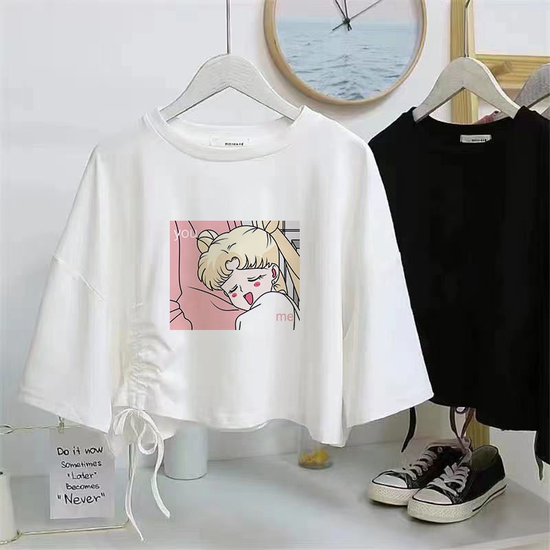 Áo Thun Tay Ngắn Dáng Rộng Phối Dây Rút Phong Cách Hàn Quốc Thời Trang Mùa Hè Năng Động