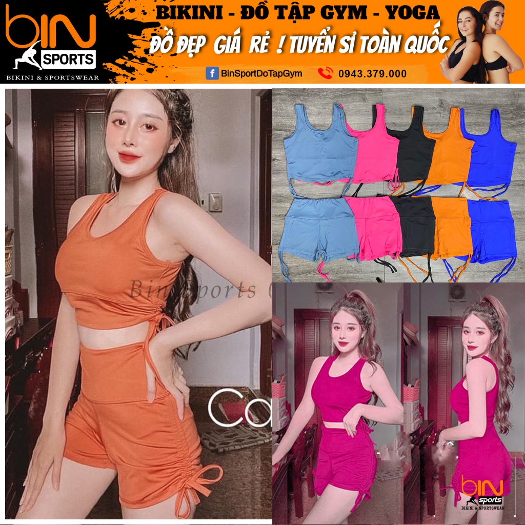 Set bộ đùi thể thao tập gym yoga nữ áo crop kèm mút quần đùi cạp cao dây rút Bin Sports BN035