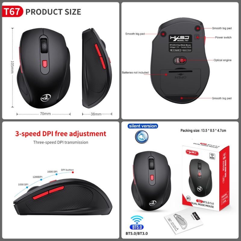Chuột Không Dây Bluetooth 5.0 Chống ồn T67 siêu nhẹ