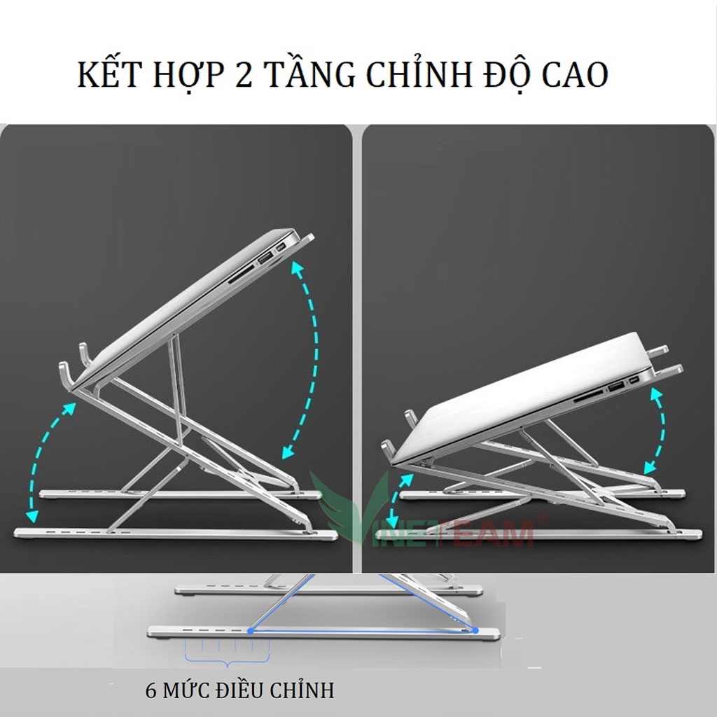 Giá đỡ laptop nhôm thiết kế thông minh 2 tầng 15 nấc điều chỉnh độ cao, nâng tản nhiệt laptop N8