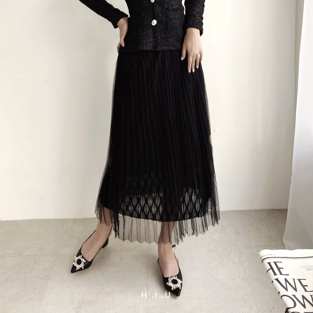 Chân váy midi Ami skirt black H.I.U ROOM xếp ly voan ánh kim 2 lớp, HIU desgin 2021 | BigBuy360 - bigbuy360.vn