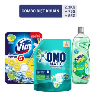 Combo OMO MATIC khử mùi túi 2.3KG, SUNLIGHT nước rửa chén diệt khuẩn 750g và VIM viên treo bồn cầu hương chanh 55g
