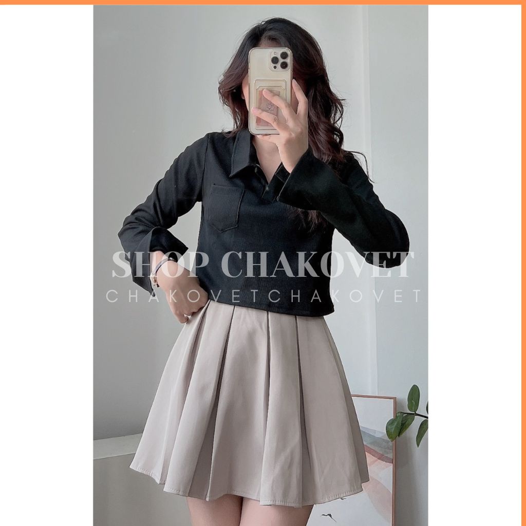 Áo Croptop nữ dài tay cổ Polo A8424 Áo dáng ngắn có túi ngực ôm Body tôn dáng cực quyến rũ cá tính tiểu thư