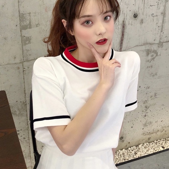 Áo thun ZHELIHANGFEI dệt kim tay ngắn màu sắc tương phản phong cách vintage sành điệu