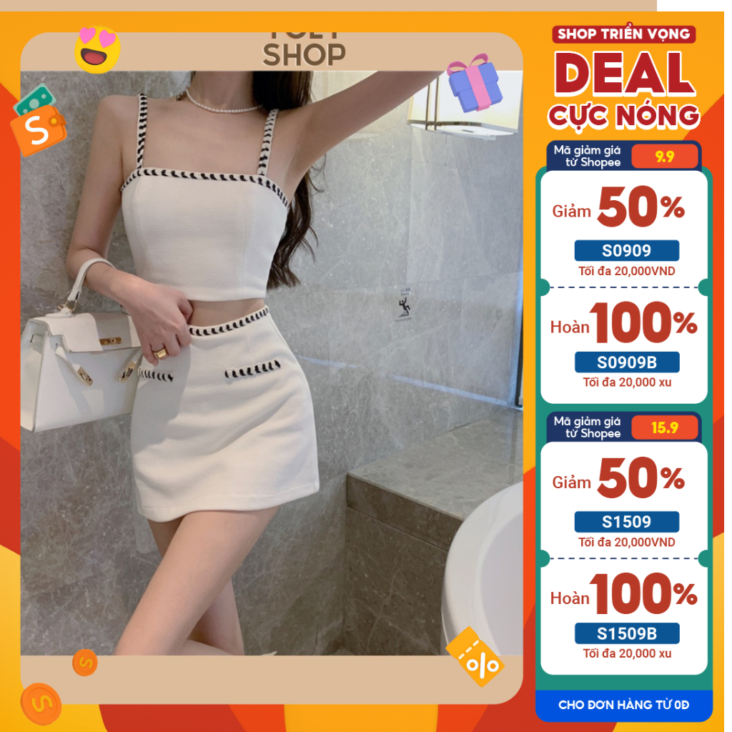 Set áo hai dây nữ croptop + chân váy ngắn lưng cao màu trắng (hàng có sẵn) - TOLYSHOP
