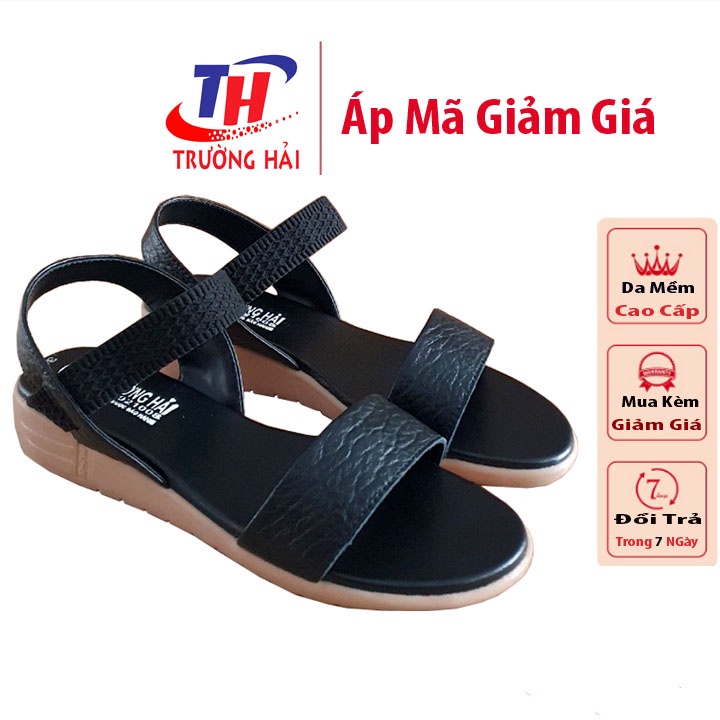 Giày xăng đan nữ đế xuồng 5cm Trường Hải da bò thật màu đen  đế kếp mềm không trơn XD123
