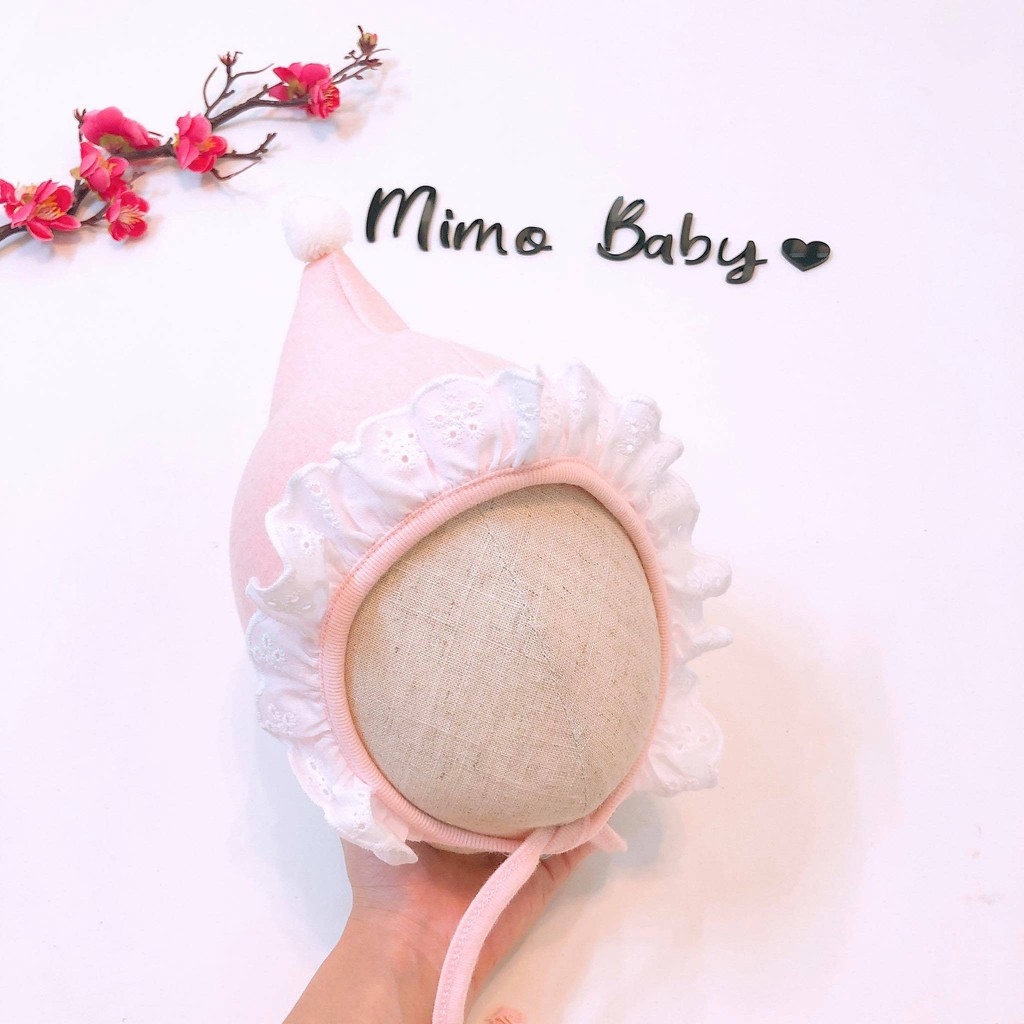 Mũ cotton cho bé dáng chóp viền ren (0-12m)