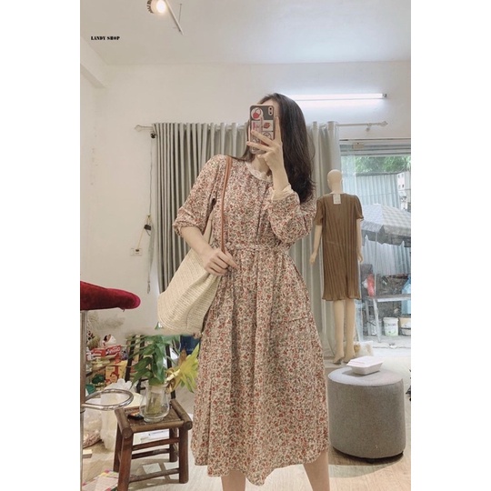 Đầm Bầu Váy Bầu Thu Đông Dài Tay Hoa Nhí Freesize (43-75kg) Chất Voan Dáng Suông Cổ Ren Kèm Đai Thắt A078 Lin Store66