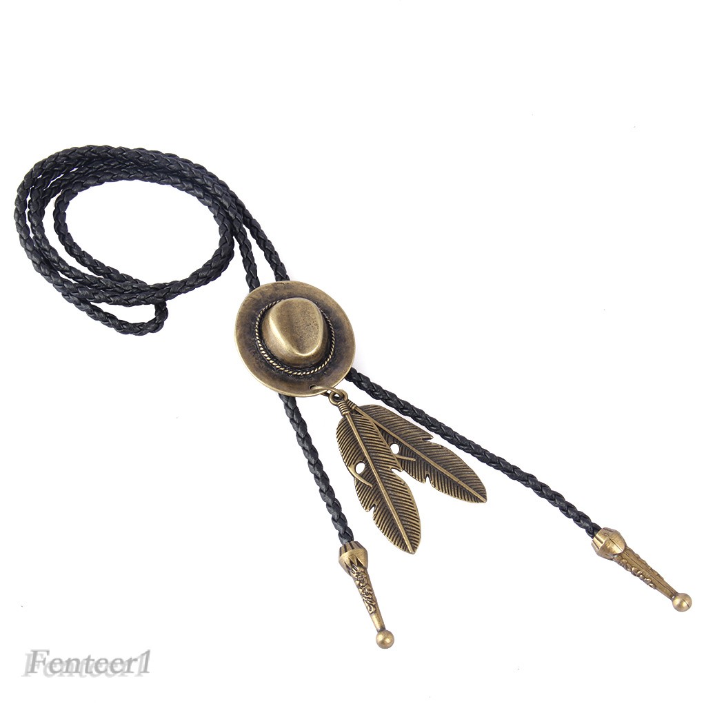 [FENTEER1] Western Cowboy Rodeo Bolo Tie Hat and Feather Pendant Black PU Rope Necktie
