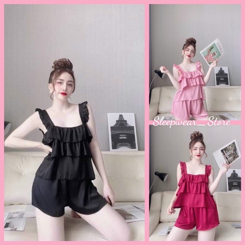 Đồ Ngủ Sexy Nữ- Đồ Ngủ Nữ Phối Viền Bèo Chất Satin Mềm Mát Form 40-55kg