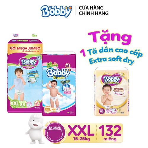 [Tặng 1 tã dán cao cấp Extra Soft Dry XL27] Combo Tã quần Bobby bịch Mega Jumbo + Super Jumbo đủ size M186/L174/XL144/XX