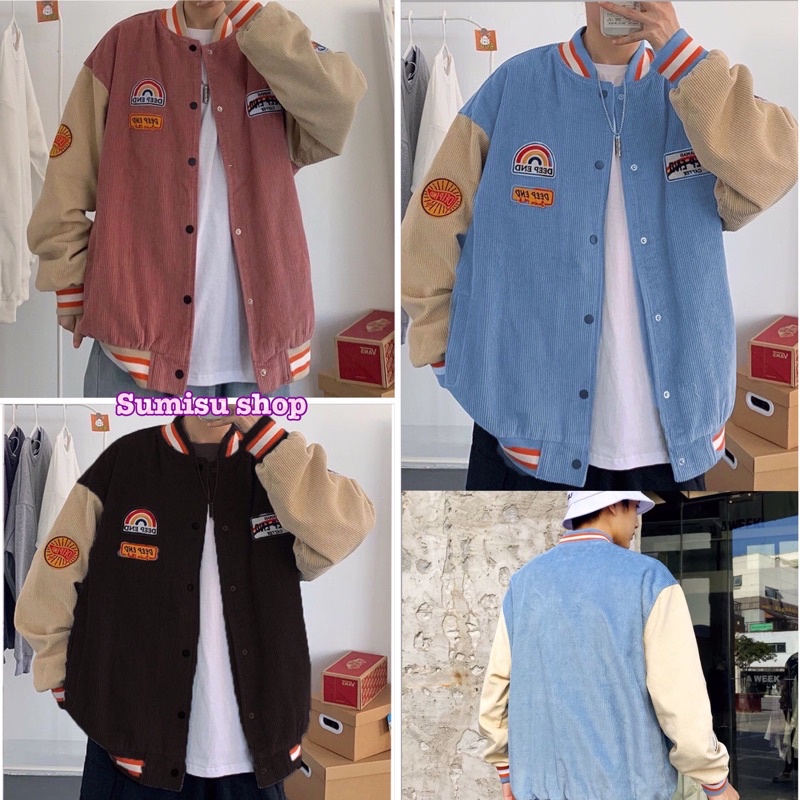 Áo khoác nhung, áo nhung bomer logo cầu vồng nam nữ cúc bấm sumisu shop 001