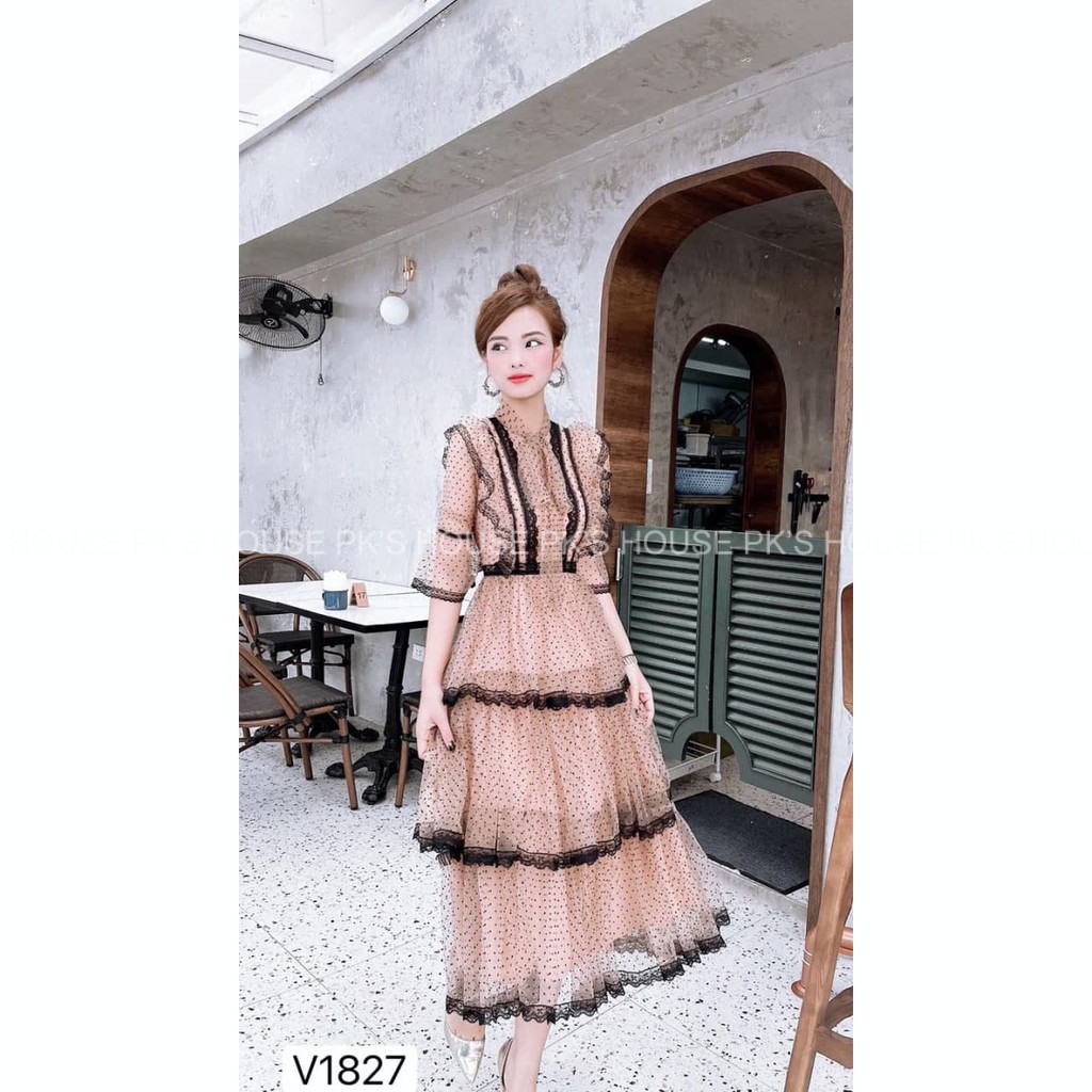 Váy Thiết Kế Dáng Xoè Be Chấm Bi Phối Ren Xếp Tầng V1827, Đầm Công Chúa Cao Cấp - PK Official | BigBuy360 - bigbuy360.vn