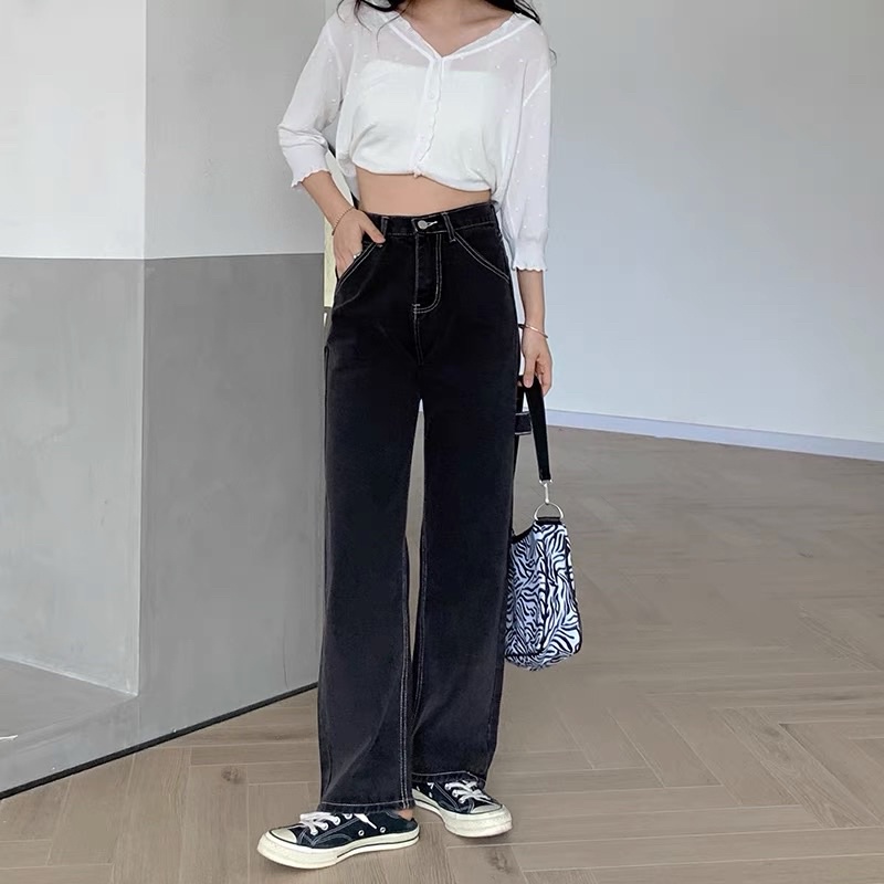 Quần Bò Túi Vuông Bự Cá Tính Quần Jeans Ống Rộng Nữ Túi Bự Đai Sau Phong Cách