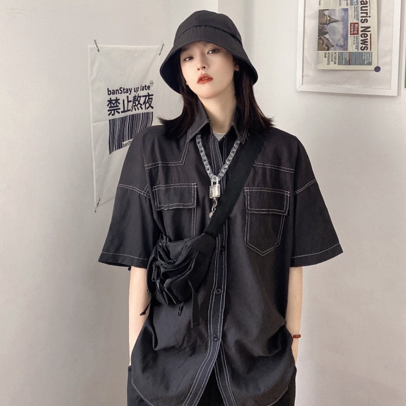 (A202) Áo sơ mi tay ngắn unisex in chỉ nổi túi hộp 2 màu đen trắng (kèm ảnh thật ở cuối)