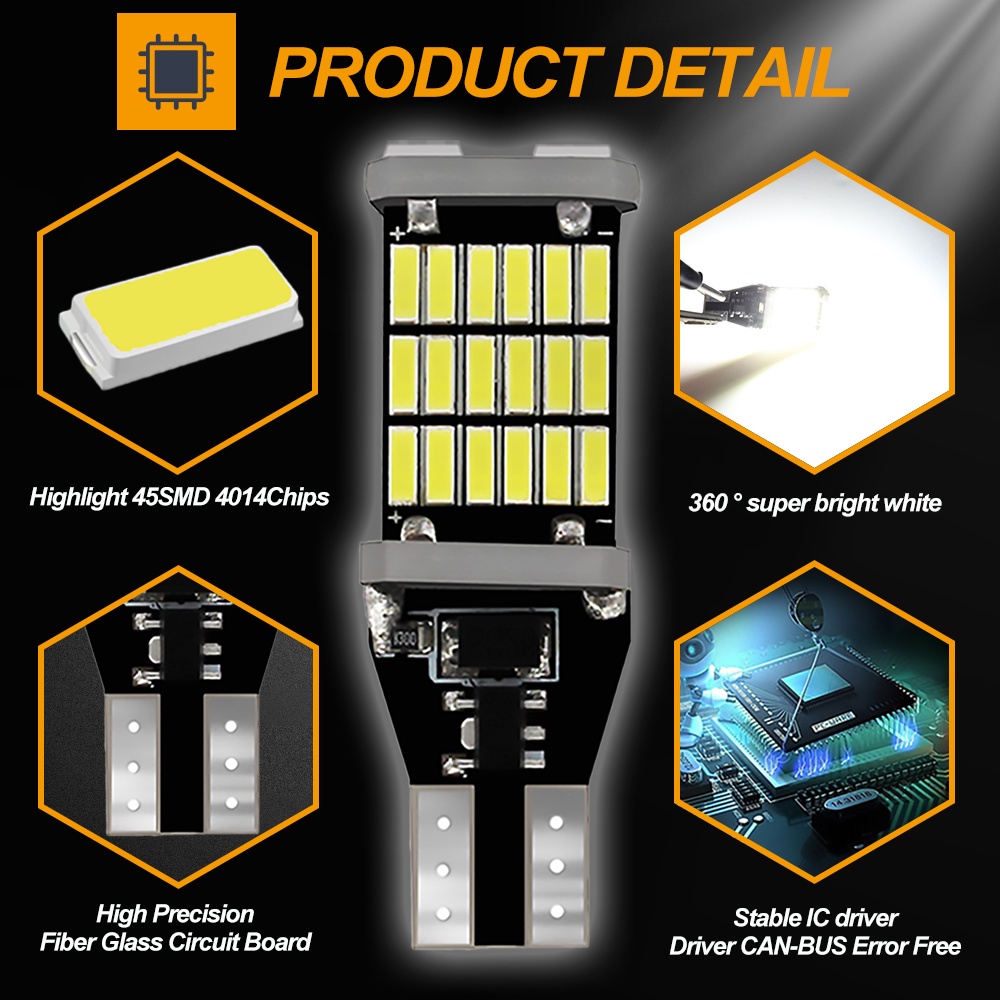 Set 2 Đèn led canbus t 15 4014 45 smd Ánh Sáng Trắng Chống Sương Mù Cho Xe Hơi