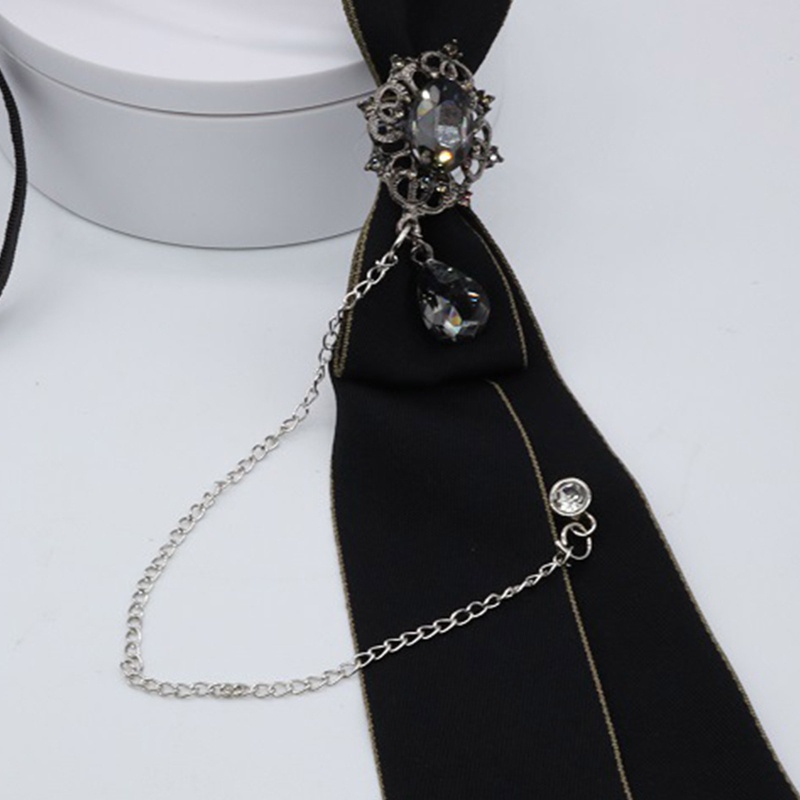 Alittle steampunk cà vạt đen gothic cho rhinestone chuỗi kim loại pha lê mặt dây chuyền trang sức bowtie buổi tối có thể điều chỉnh pre-