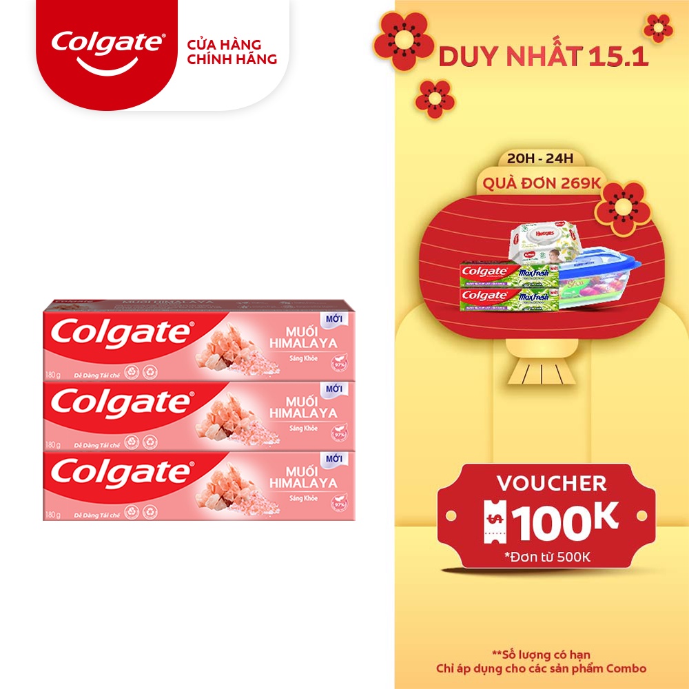 Bộ 3 Kem đánh răng Colgate thiên nhiên muối hồng Himalaya 180g