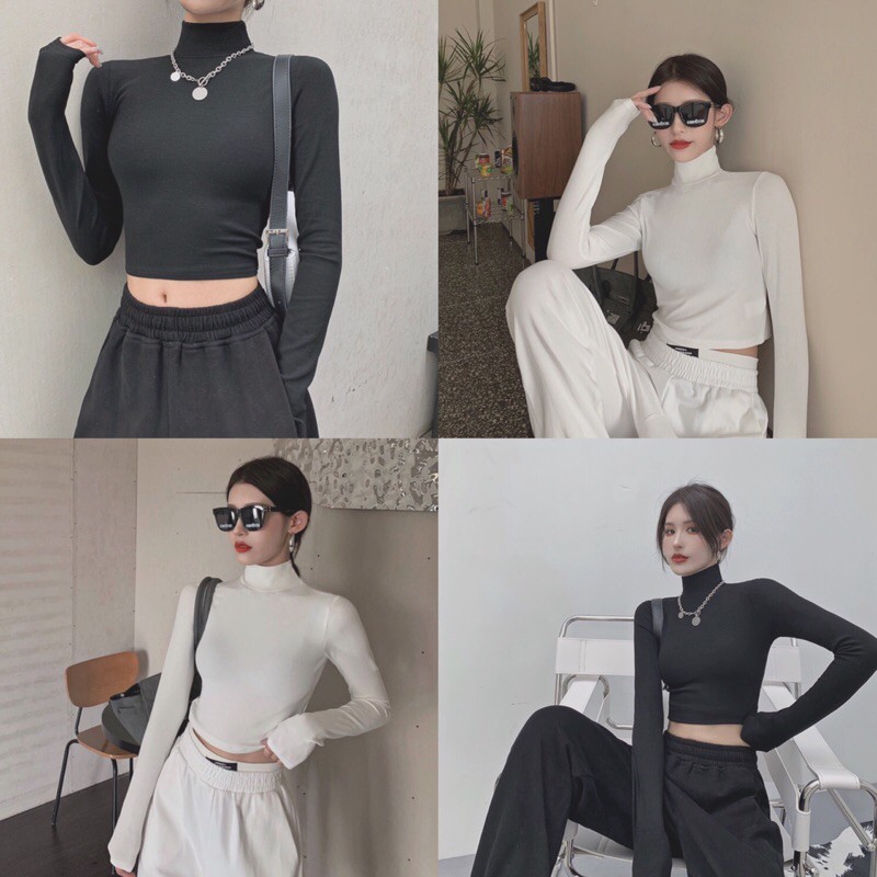 Áo croptop tày dài cổ lọ basic