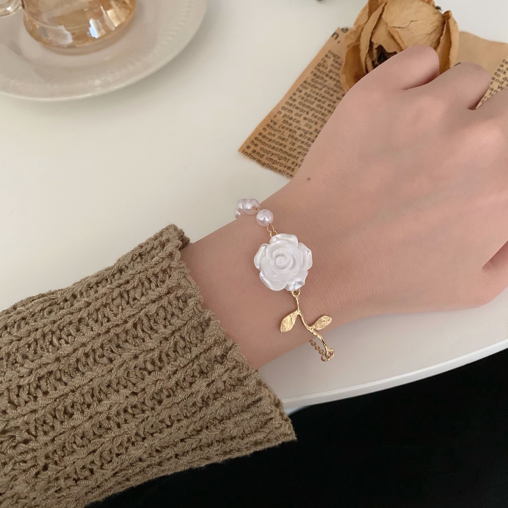 Vòng Tay Mạ Vàng/Bạc Mặt Hình Hoa Hồng Đính Ngọc Trai Phong Cách Hàn Quốc Cho Nữ