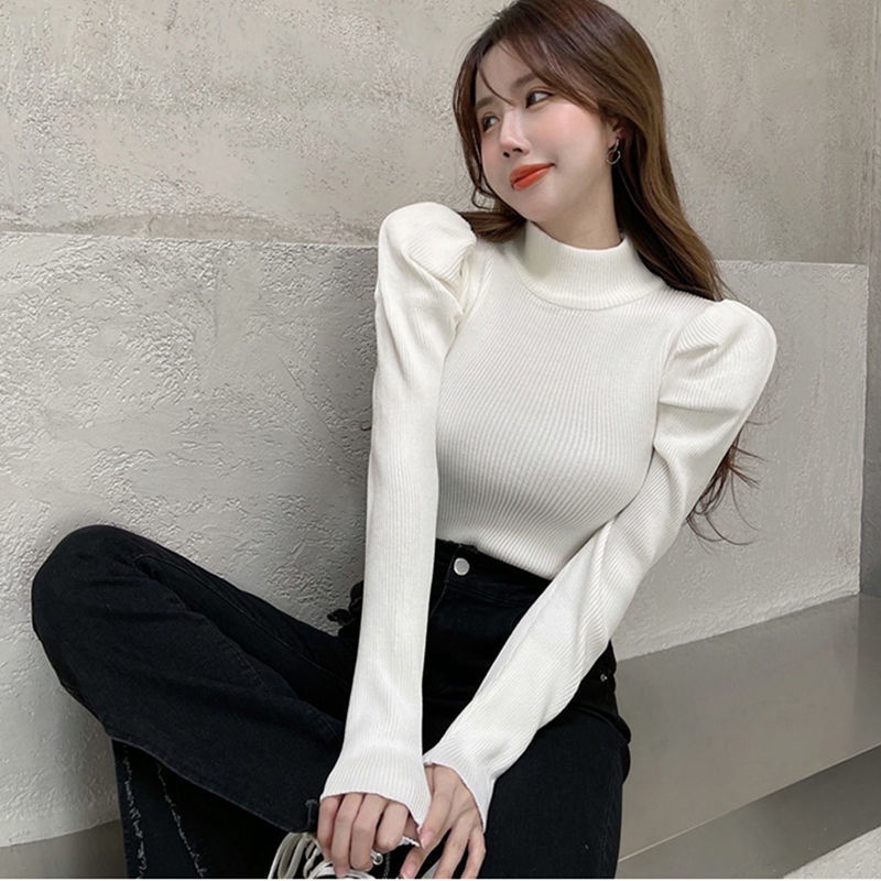 UIOWOO  MỚI Áo len tay phồng cổ lọ màu trắng phong cách phương Tây