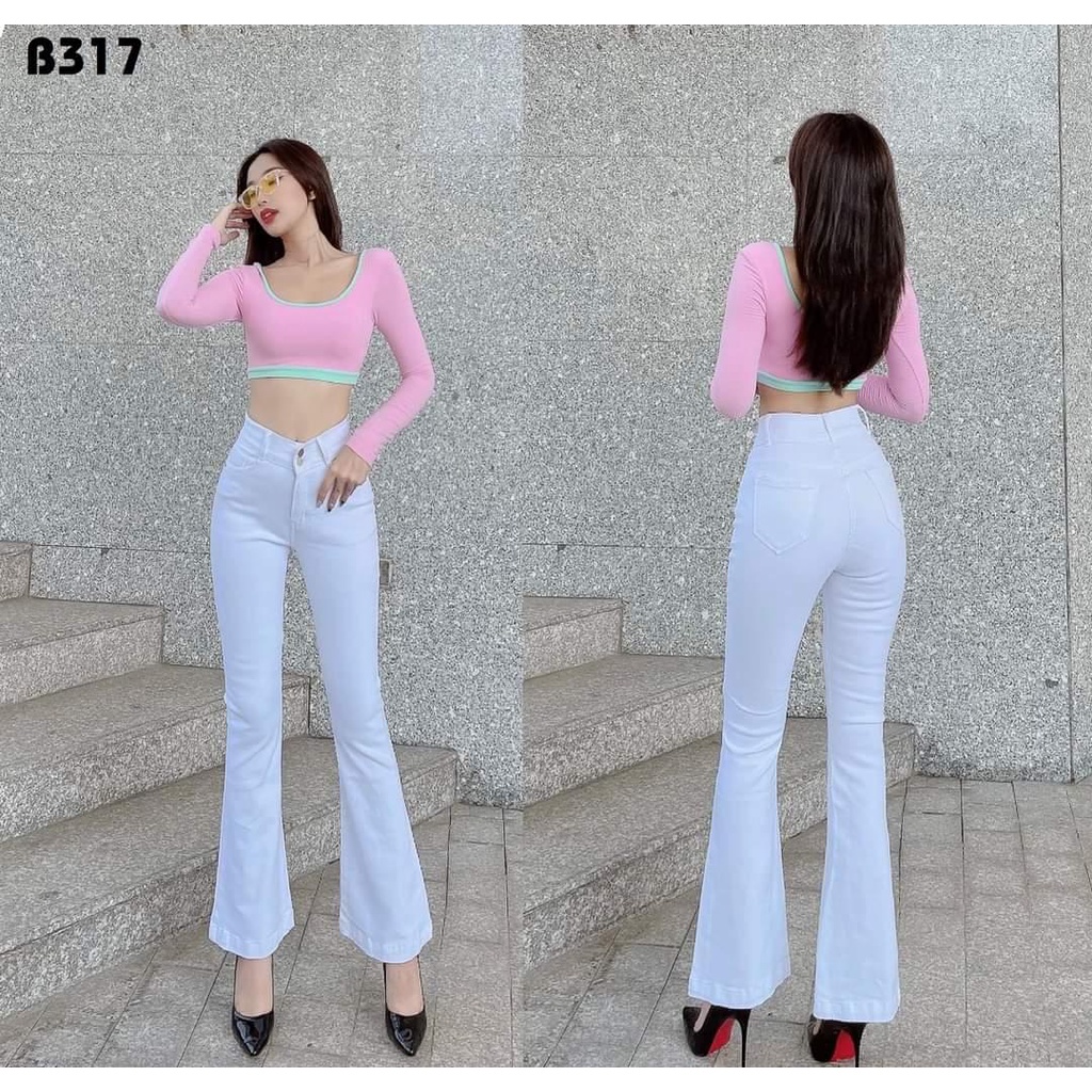 Quần jean dài nữ ống bass lưng cao mẫu trơn co giãn mạnh màu trắng