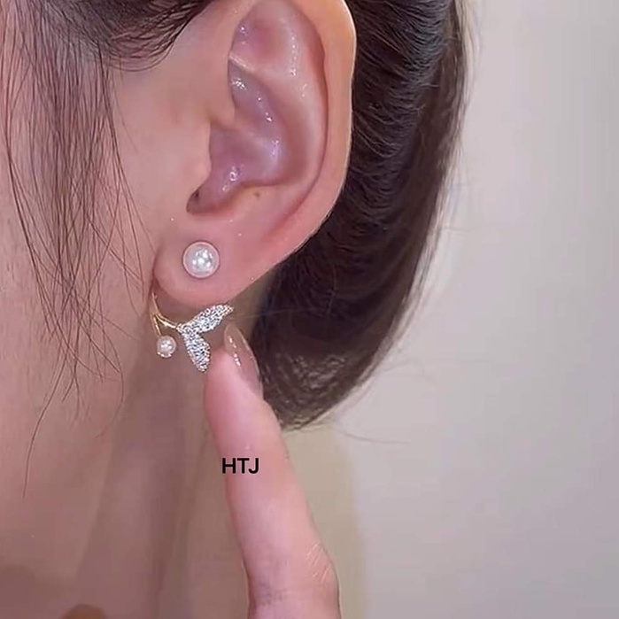 Khuyên tai bạc Van Jewelry V10731 Khuyên Mỹ Nhân Ngư chạm ngọc trắng xinh