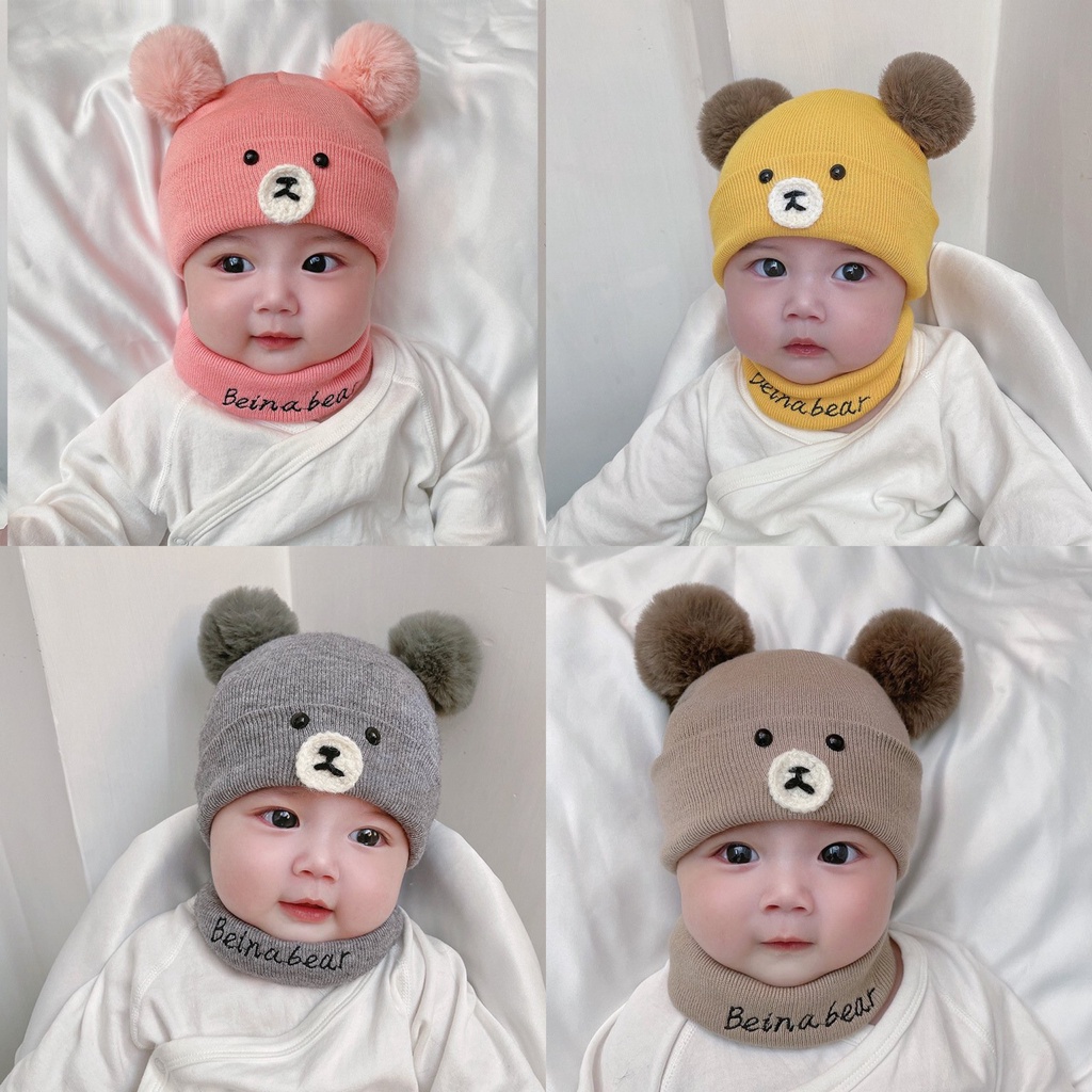 Khăn nón len ấm áp cho bé hình gấu cute