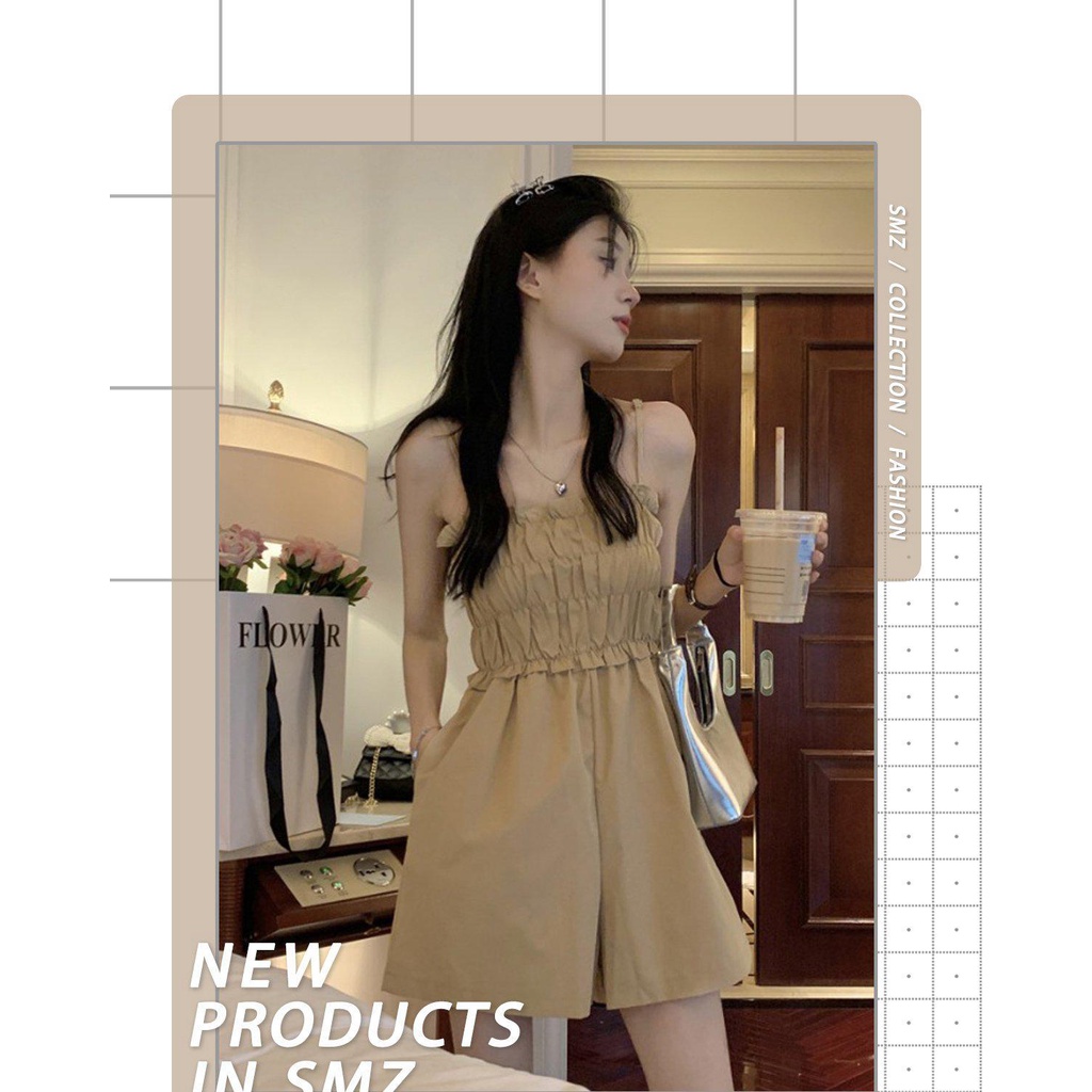 Summer 2022 new khakis children wear high waist wide leg jumpsuits loose show thin straps casual shorts