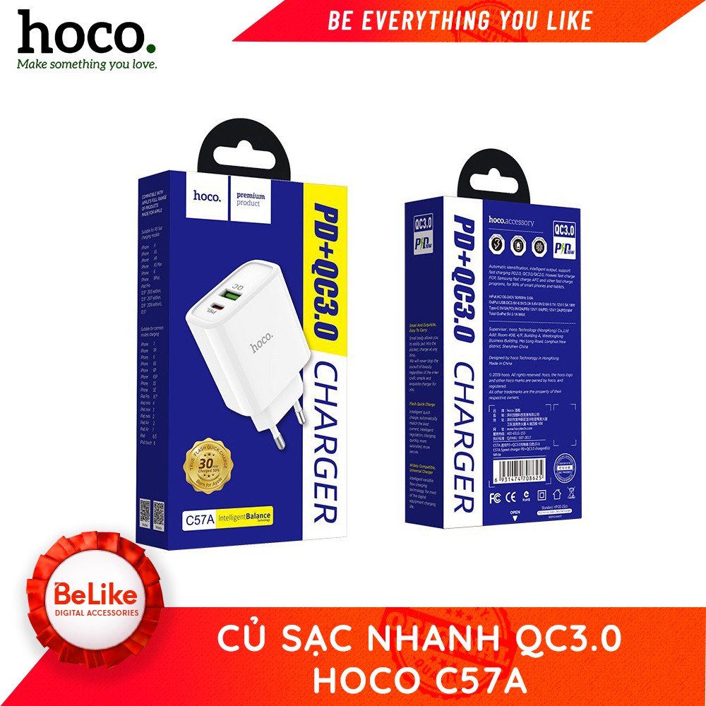 Củ Sạc Nhanh Hoco C57A / Hỗ Trợ PD + QC 3.0 / Hàng Chính Hãng