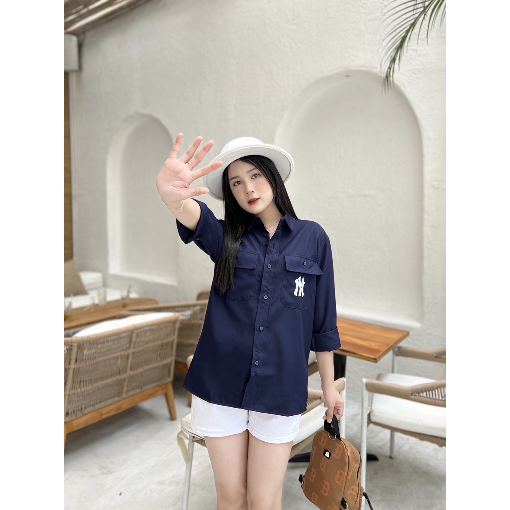 Áo Sơ Mi Tay Dài Thêu Hoạ Tiết MLB Phong Cách Thời Trang Đường Phố form oversize