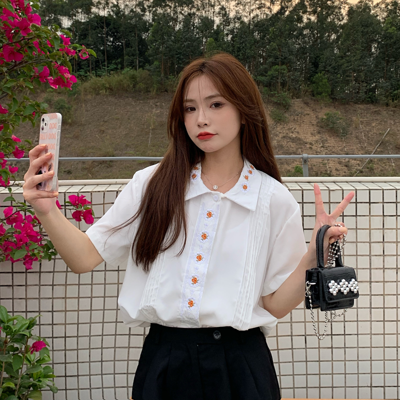 SUXI Áo sơ mi tay ngắn thêu họa tiết hoa thời trang Hàn Quốc thanh lịch xinh xắn
