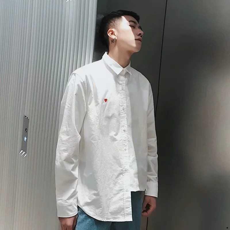 Áo sơ mi tay dài màu trơn in họa tiết trái tim phong cách Hàn Quốc thời trang mùa thu cho nam
