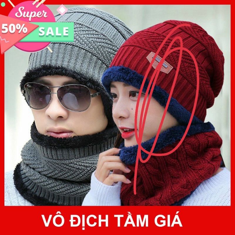 Combo Mũ len có khăn lót lông cao cấp cho Nam Nữ kiểu dáng mũ viền lông Hàn Quốc
